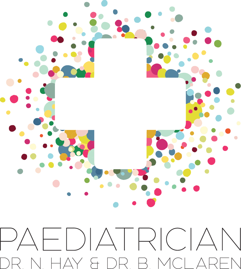 Colorful logo featuring a medical cross with multicolored dots, representing pediatricians Dr. N. Hay and Dr. B. McLaren.