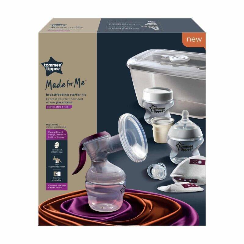 Tommee Tippee Breast Feeding Starter Kit with a breast pump, storage containers, and accessories in a boxed set.