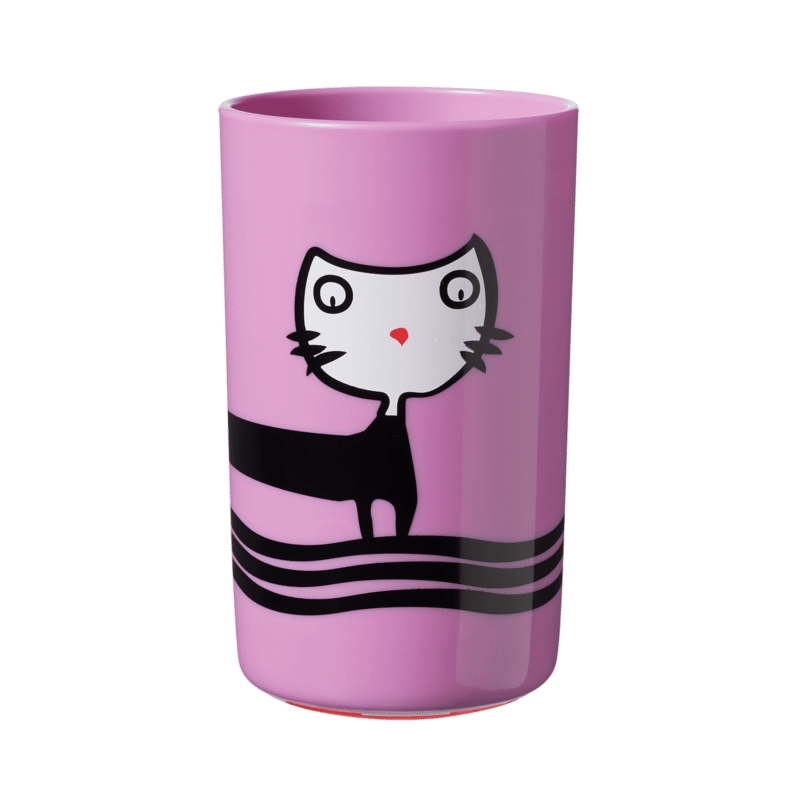 Tommee Tippee Super Cup Large 300ml in pink featuring a playful cat design, suitable for children 12 months and older.