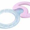 Nuk Cooling Teether Ring Set in purple and blue, featuring textured surfaces for soothing gums.