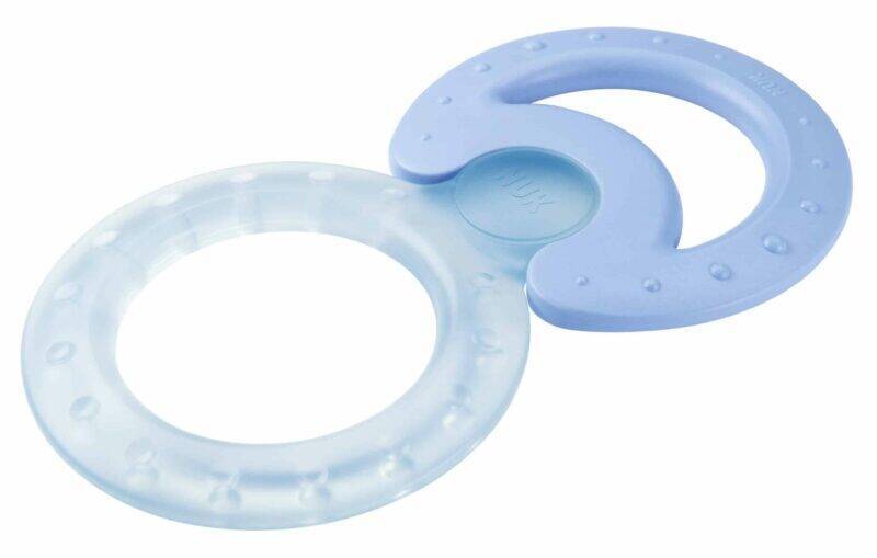 Nuk Cooling Teether Ring Set in blue and purple, featuring textured surfaces for soothing gums.