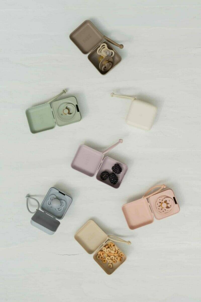 BIBS Pacifier Box set in Baby Blue, Baby Pink, Blossom, and Blush, featuring multiple color options and a compact design.