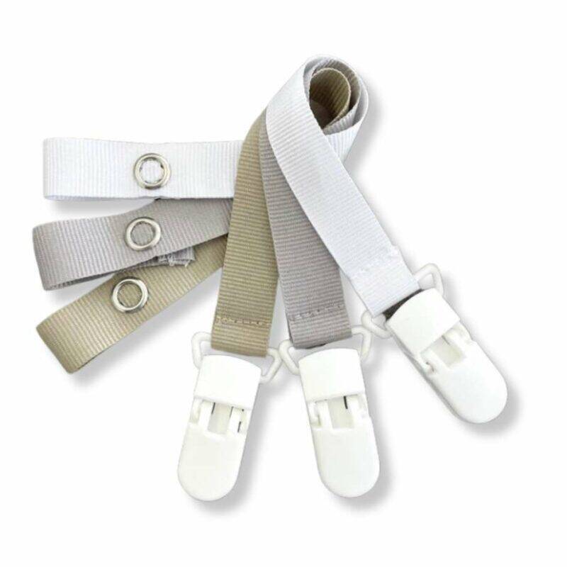 Tiger Lily Tots Dummy Clip Set featuring three clips in grey, charcoal, and blush with secure white fasteners.