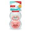 Nuk Silicone Signature Soother 0-6M in mint blue with butterfly design and pink with heart accents, orthodontic shape.