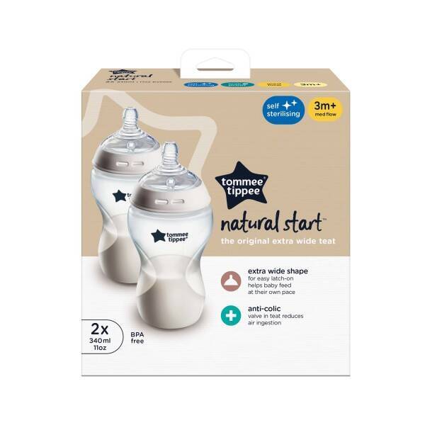 Tommee Tippee Natural Start 340ml self-sterilizing clear bottle 2-pack, features extra wide shape and anti-colic design.