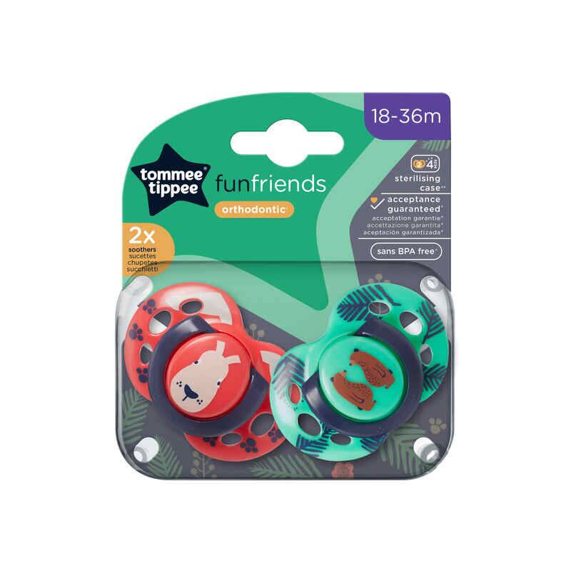 Tommee Tippee Fun Soother 18-36M 2Pk in red and green with animal designs, orthodontic shape, BPA-free packaging.