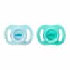 Tommee Tippee Ultra Light Silicone Soother 0-6M 2Pk in blue and mint green, featuring a soft, lightweight design.