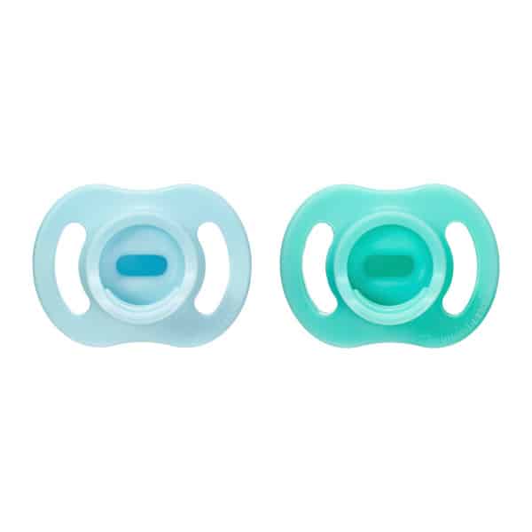 Tommee Tippee Ultra Light Silicone Soother 0-6M 2Pk in blue and mint green, featuring a soft, lightweight design.