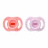 Tommee Tippee Ultra Light Silicone Soother 0-6M 2Pk in pink and purple, featuring a soft, lightweight design for infants.
