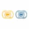 Tommee Tippee Ultra Light Silicone Soother 0-6M 2Pk in blue and yellow, featuring a soft, lightweight design for infants.