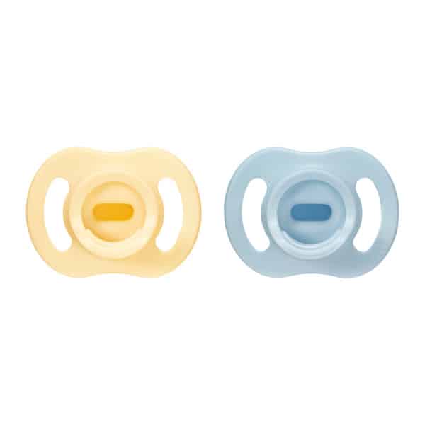 Tommee Tippee Ultra Light Silicone Soother 0-6M 2Pk in blue and yellow, featuring a soft, lightweight design for infants.