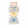 Tommee Tippee Ultra Light Silicone Soother 0-6M 2Pk in blue and yellow, featuring a one-piece silicone design.