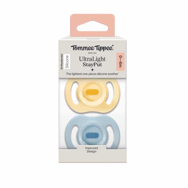 Tommee Tippee Ultra Light Silicone Soother 0-6M 2Pk in blue and yellow, featuring a one-piece silicone design.