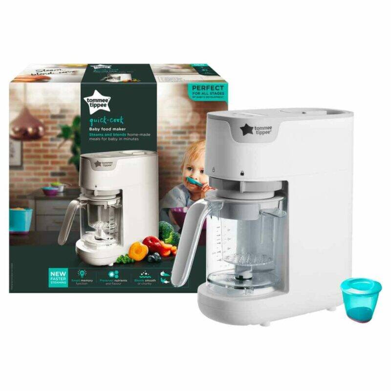 Tommee Tippee Quick-Cook Baby Food Maker in white with a transparent bowl, packaged with a colorful box.
