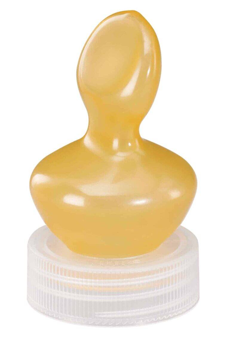 Nuk Latex Cleft Teat in yellow, designed for cleft lip and palate feeding, with a clear base for easy attachment.