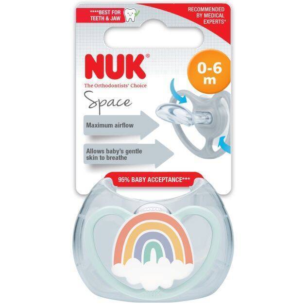 NUK Space Silicone Soother 0-6M in rainbow color with a cloud and rainbow design, featuring maximum airflow for comfort.