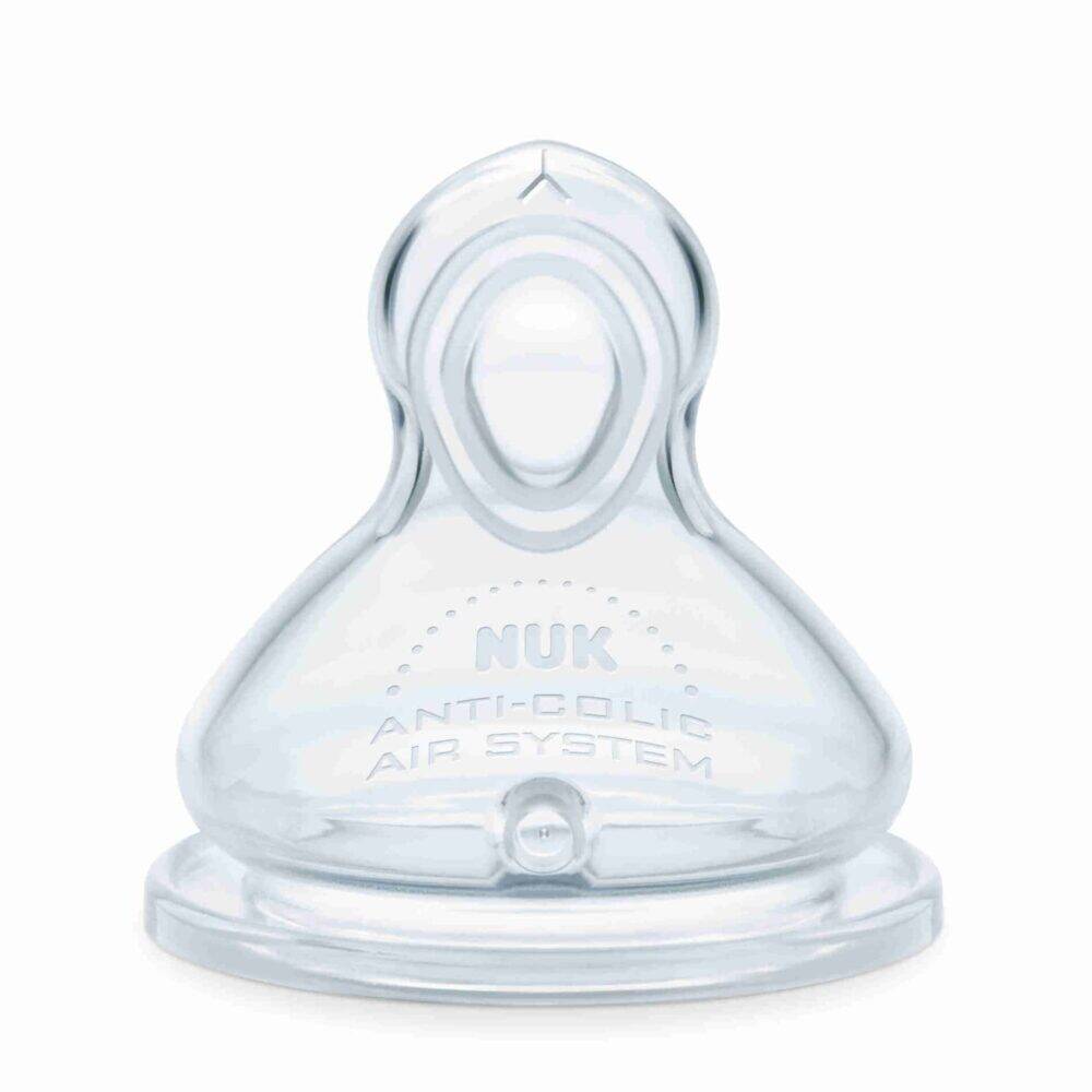 Nuk First Choice+ silicone flow control teat, clear with anti-colic air system feature.