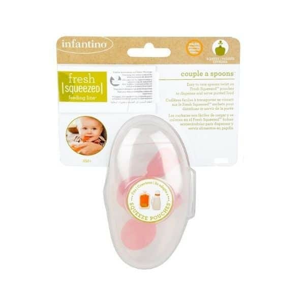 Infantino Solids Pouch Starter Kit with clear pouch and pink spoons, designed for easy feeding of pureed foods.