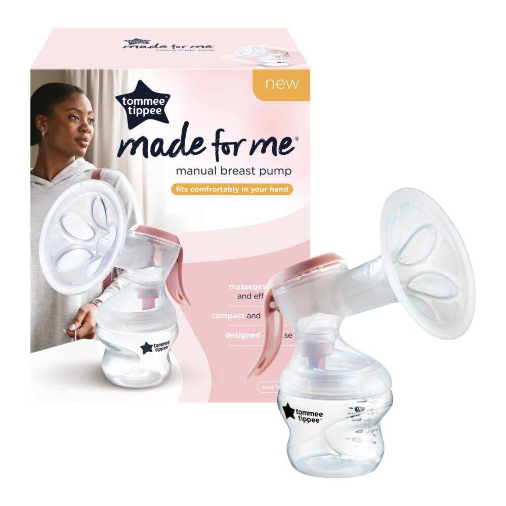 Tommee Tippee Made For Me manual breast pump with a clear body and pink handle, designed for comfort and efficiency.