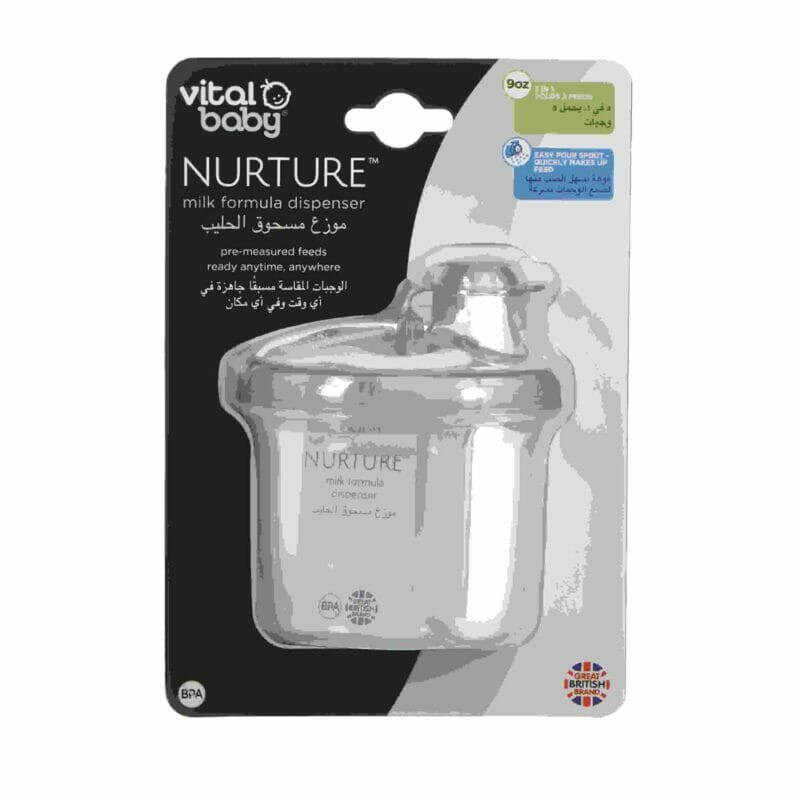 Vital Baby® NURTURE milk formula dispenser in clear plastic, designed for pre-measured feeds, ideal for on-the-go use.