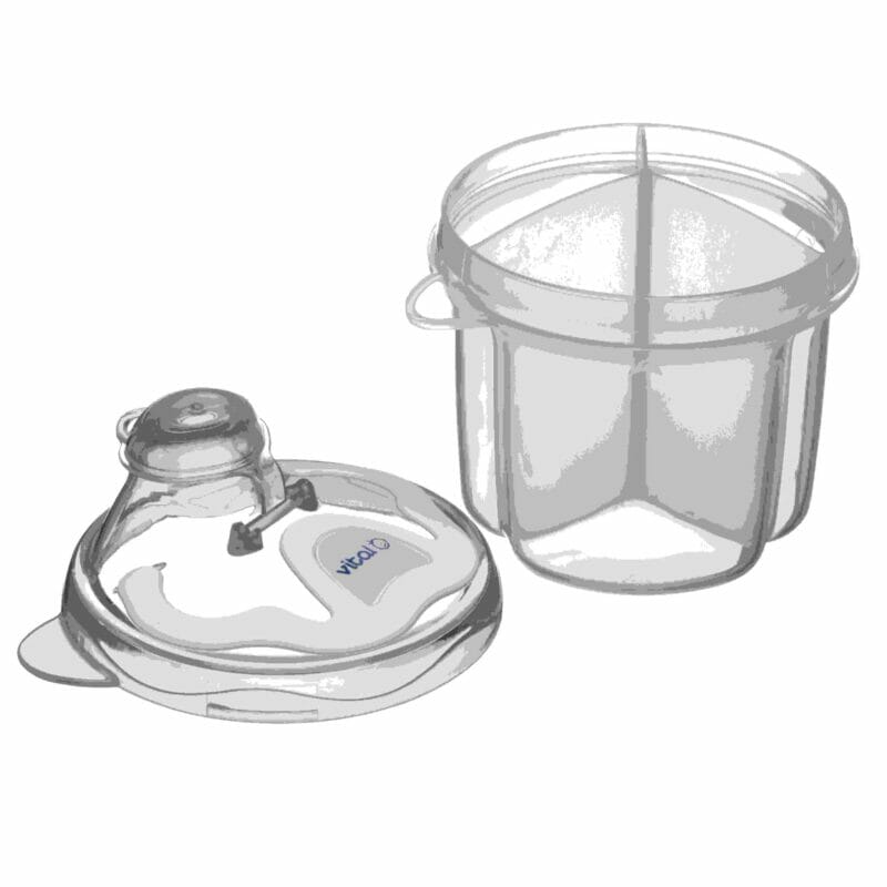 Vital Baby® NURTURE milk formula dispenser with a clear container and a lid featuring a spout, designed for easy pouring.