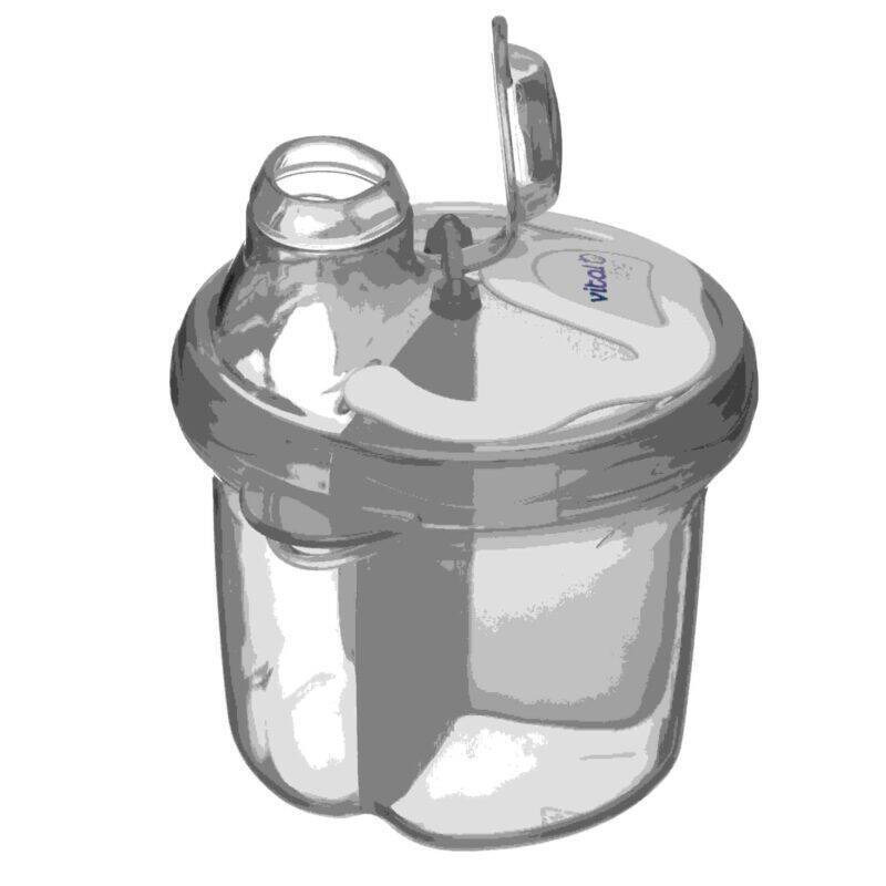 Vital Baby® NURTURE milk formula dispenser, clear plastic with a flip-top lid and spout for easy pouring.