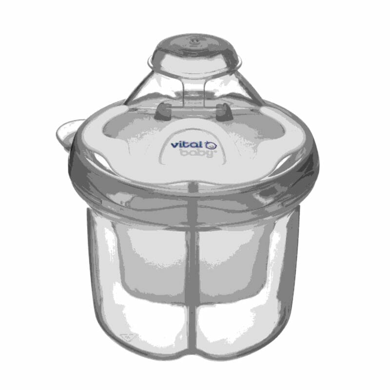 Vital Baby® NURTURE milk formula dispenser in clear plastic with a secure lid and easy-pour spout for convenience.