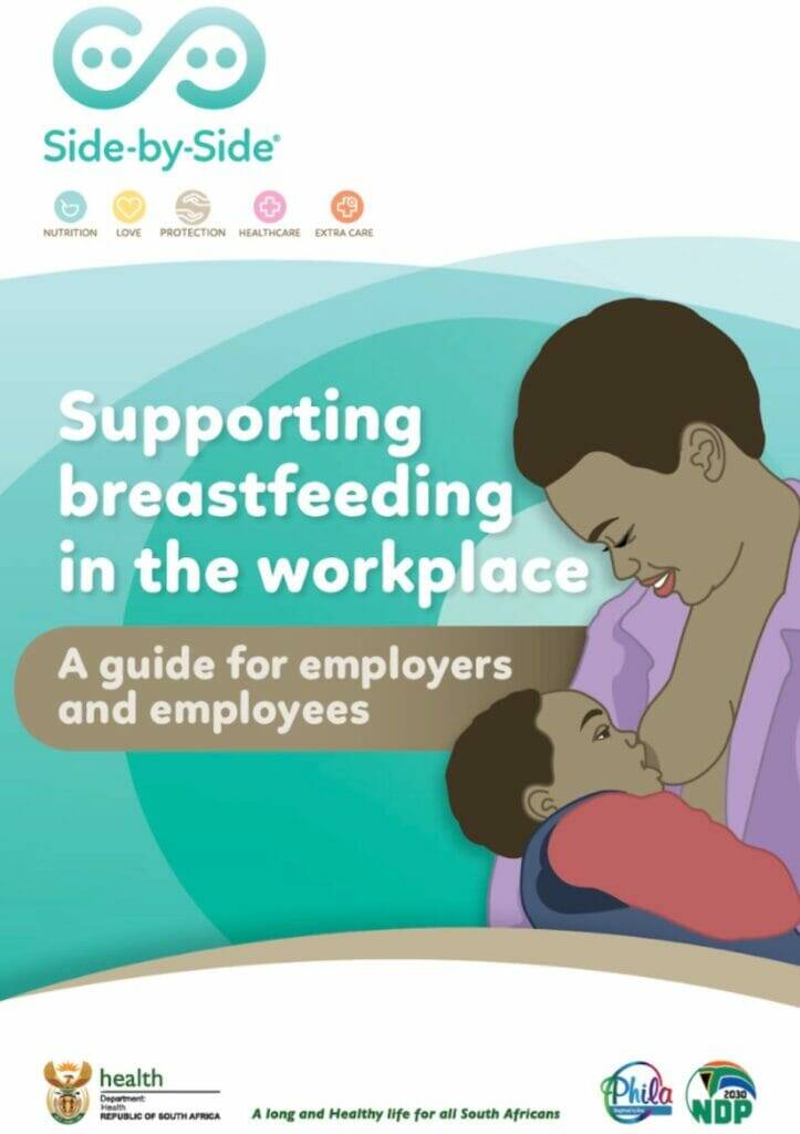 Side-by-Side guide titled "Supporting breastfeeding in the workplace," featuring a mother breastfeeding her baby.