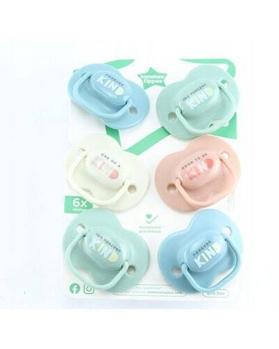 Tommee Tippee Anytime Soother 6-18M 6Pk in pastel colors, featuring a mix of mint, peach, and blue designs.