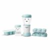 Nutribullet Baby blender set in light blue with smiling face design, includes blending cup and storage containers.