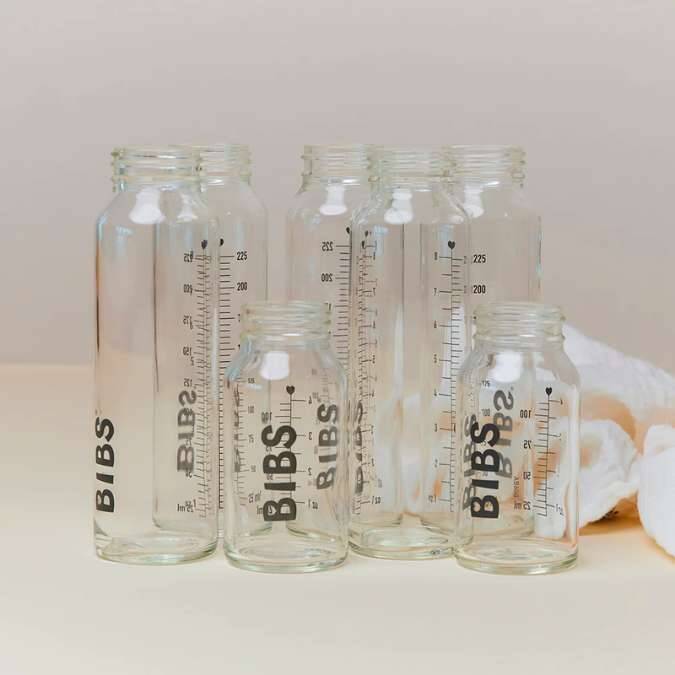 BIBS Glass Bottle 225ml, clear design with measurement markings, displayed among other sizes on a neutral background.
