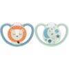 Nuk Silicone Space Night Soother 6-18M in lion and sheep designs, featuring a soft silicone texture and soothing colors.