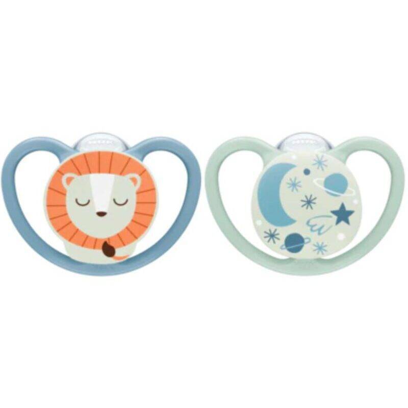 Nuk Silicone Space Night Soother 6-18M in lion and sheep designs, featuring a soft silicone texture and soothing colors.