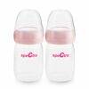 Spectra wide-necked breast milk storage bottles, 2-pack, clear with pink lids, featuring measurement markings.