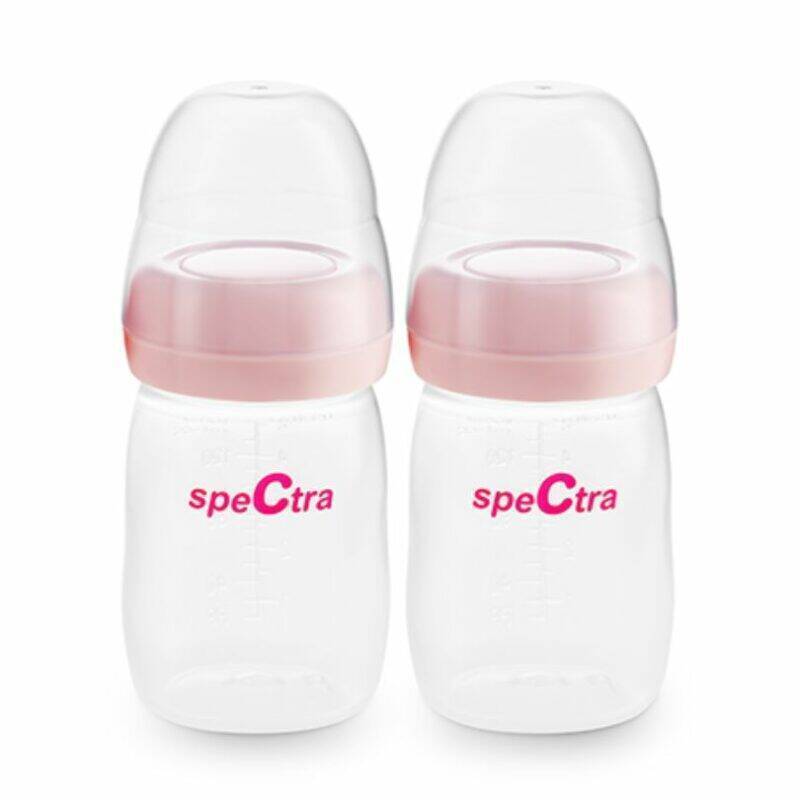 Spectra wide-necked breast milk storage bottles, 2-pack, clear with pink lids, featuring measurement markings.