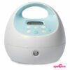Spectra S1 Plus rechargeable breast pump in white and teal with a digital display and control buttons.