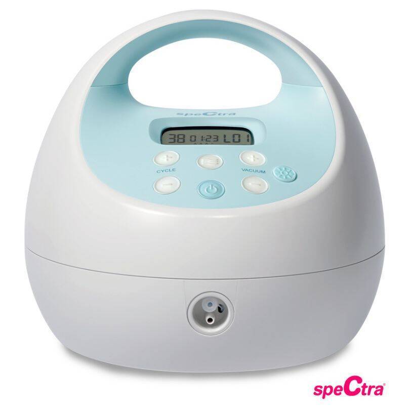 Spectra S1 Plus rechargeable breast pump in white and teal with a digital display and control buttons.
