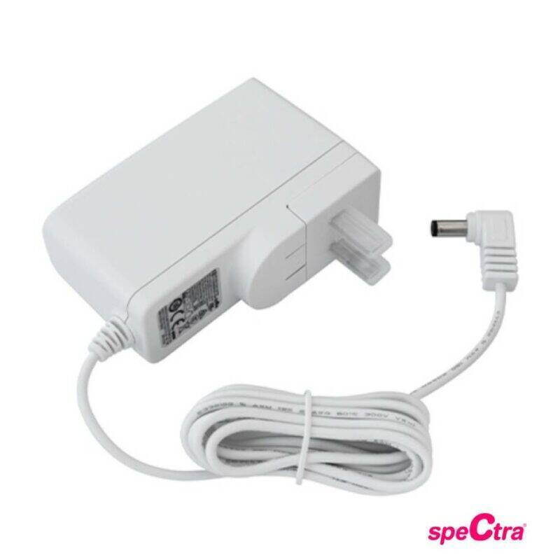 Spectra S2 Plus breast pump power adapter with a white design and a long cord for easy placement.