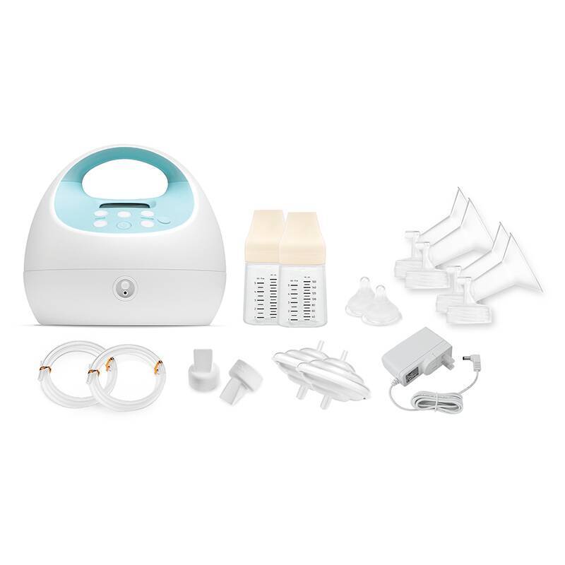 Spectra S1 Plus Rechargeable Pump in white and teal with accessories including bottles, flanges, and tubing.
