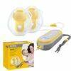 Medela Freestyle hands-free double electric breast pump in yellow and gray with two breast shields and control unit.