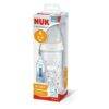 NUK Temperature Control Glass 240ml Bottle in white with stars design, featuring a temperature indicator for safety.