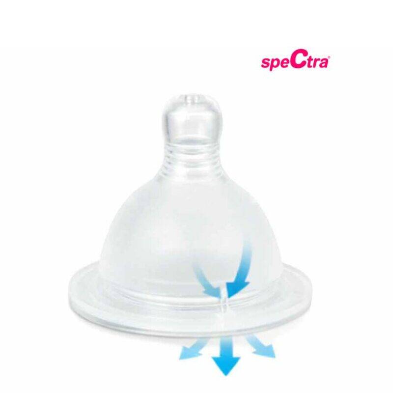 Spectra Wide Neck Slow Flow Teat for infants, clear silicone design with a unique shape for easy feeding.