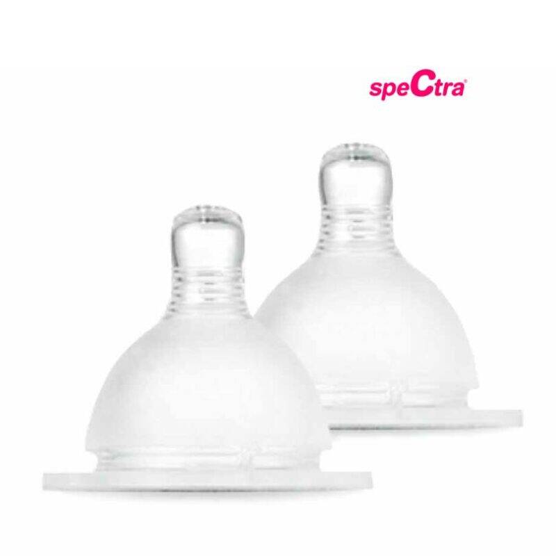 Spectra Wide Neck Teats S: Slow Flow, clear silicone design, suitable for infants 0 months and older, pack of two.
