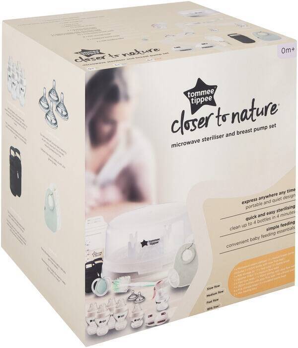 Tommee Tippee Microwave Steriliser & Breast Pump Set in a boxed package, featuring a modern design and various accessories.