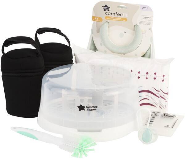Tommee Tippee Microwave Steriliser & Breast Pump Set featuring a steriliser, two storage bags, and a cleaning brush.
