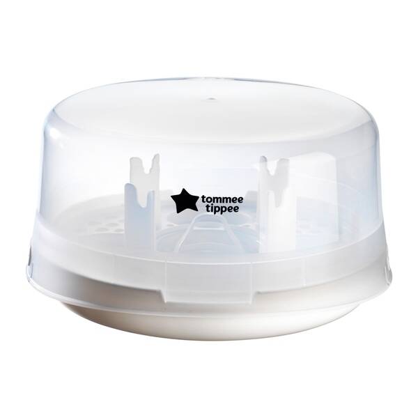 Tommee Tippee Microwave Steriliser with a clear lid and star logo, designed for safe and efficient sterilization.