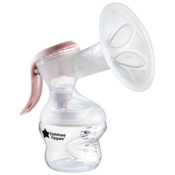 Tommee Tippee breast pump with clear bottle and pink accents, designed for easy and efficient milk collection.