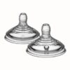 Tommee Tippee breast pump set featuring two clear silicone nipples with textured surfaces for enhanced feeding.