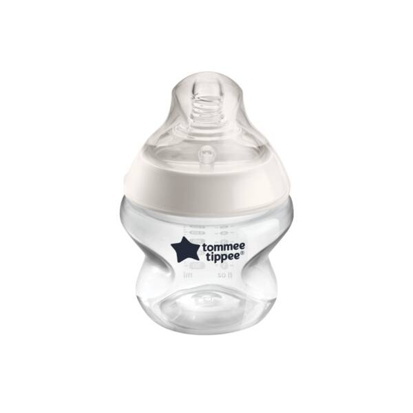 Tommee Tippee clear baby bottle with a white lid, featuring a star logo, designed for easy feeding and comfort.