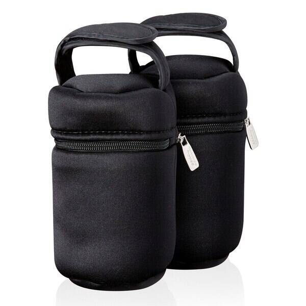 Tommee Tippee Microwave Steriliser & Breast Pump Set in sleek black, featuring two insulated pouches with zip closures.